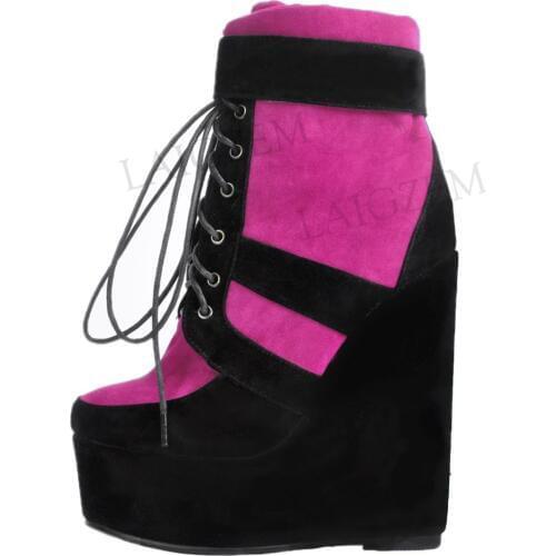 LAIGZEM 2019 TRENDY Women Ankle Boots Wedge Platform Boots Thick Bottom Botas Feminina Bottes Femme Ladies Shoes Big Size 34-52