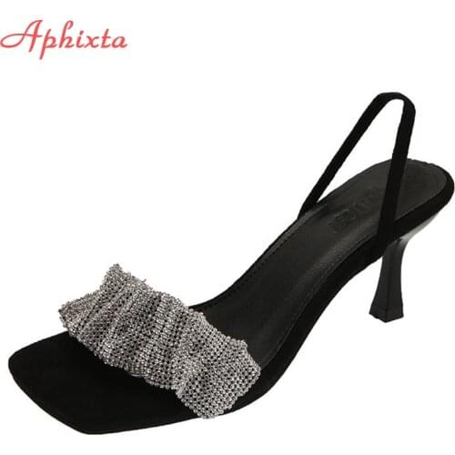 Aphixta 2021 Summer Bling Crystals Women Slippers Mules 6.5cm High Thin Heels Sandals Flip Flops Open Toe Slides Party Shoes