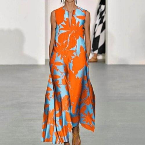 Elegant Sexy V-neck Summer Floral Print Dress Leaf Printing Loose Bohemian Sleeveless Wide Hem Dress Going Out Casual Long Retro