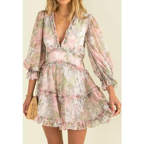 Autumn Ruffles V Neck Floral Print Dress Backless Women A Line Long Sleeve Chiffon Dress Short Female Elegant Party Dress 2021