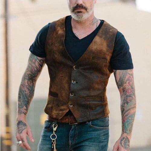 Vintage Imitation Leather Single-breasted Men Casual Vests Jacket Autumn New Fashion V-Neck Sleeveless Chaleco Hombre Streetwear