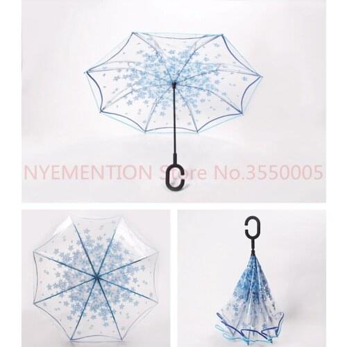 20pcs Transparent Reverse Umbrella Double Layer Cherry Blossoms Inverted Umbrella Rain Women C-handle Windproof