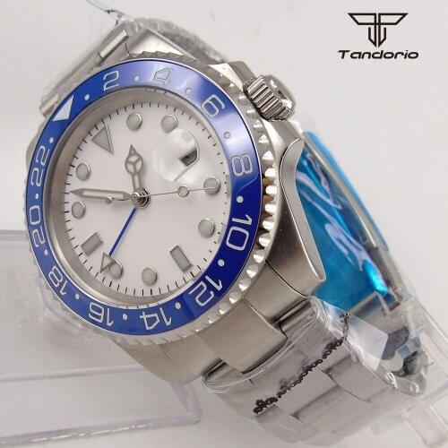 40mm Automatic Mens Watch GMT Function White Dial Sapphire Date Bezel Insert Strap Screw In Crown
