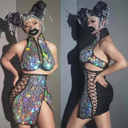 Shining Silver Sequins Bra Bandage Slit Skirt 2-Piece Set Sexy DJ Singer Dancer Bar Nightclub Stage Wear Laser Dance Costume