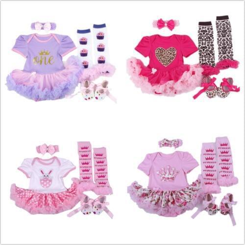 Fashion Baby Clothes Set Newborn Bodysuit Leg Warmer Shoe Headband 4 in 1 Suit Princess Girls Tutu Dress Jumpsuits Sweet Outfits