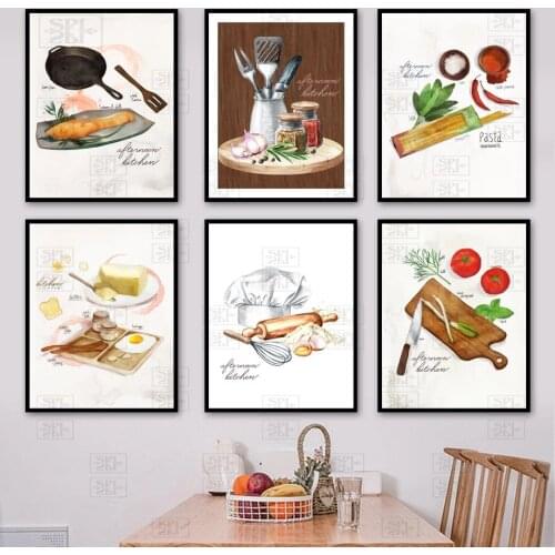 Kitchen Room Decor Canvas Painting Watercolor Seasoning Tools Posters Nordic Wall Art Posters and Prints for Dining Room Picture