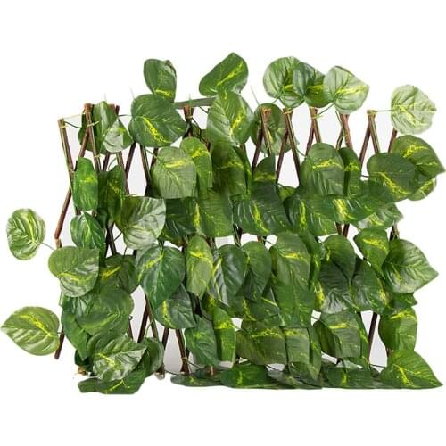 Wooden Fence With Wire Rope Curtain Straps Artificial Leaf Trellis Expanding Plastic Leaves Decor 40cm Garden Screening