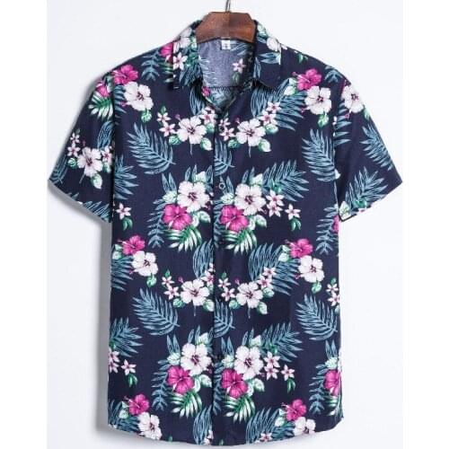 Mens new short sleeve versatile simple printed flowers slim fashion beach shirt European and American sizes S-XXL