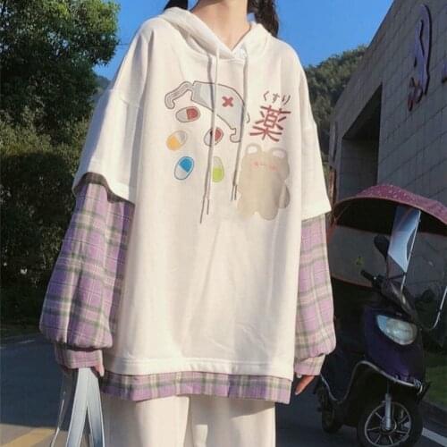HOUZHOU Kawaii Anime Plaid Hoodie Japanese Streetwear Soft Girl Cute Aesthetic Teens Long Sleeve Oversized White Pullover Spring