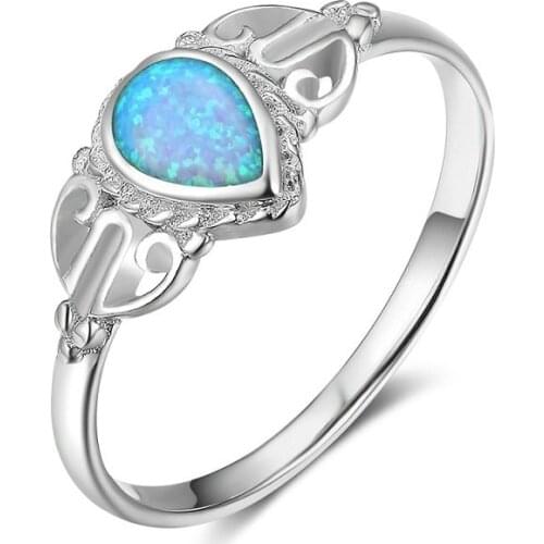 Cute Hollow Out Design Water Drop Shaped Blue Imitation Fire Opal Ring For Women Accessories Fashion Jewelry Gifts