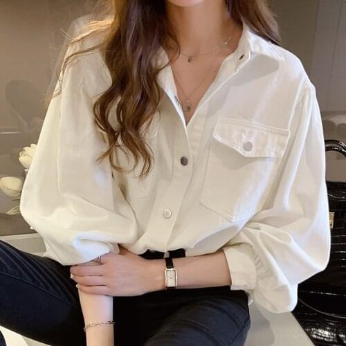 Mazefeng Women Shirts And Blouses Feminine Blouse Top Long Sleeve Casual Pocket Turn-down Collar Harajuku Women Loose Blouses