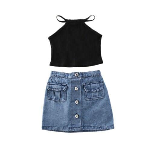 Toddler Kids Baby Fashion Outfits Clothes Set Black Vest Tank Top & Denim Mini Skirts 2PCS Outfit 1-6Y