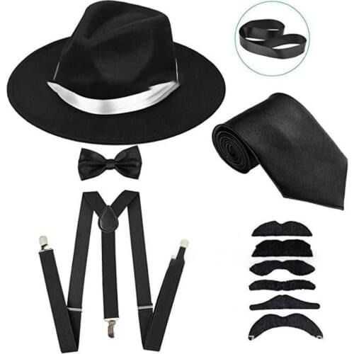 Mens 1920s Accessories Gatsby Gangster Costume Accessories Set Newsboy Hat Y-Back Suspender Bow Tie Necktie