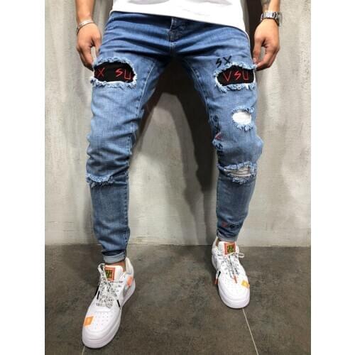 European and American Mens Jeans New Pierced Embroidery Mens Pants Pencil pants for European Station