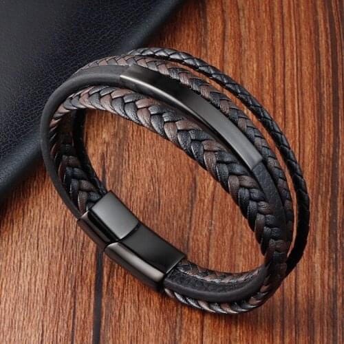 Punk Fashion Mens Stainless Steel Magnetic Buckle Leather Multi-layer Woven Bracelet Mens Bracelet Name Gift Bracelet