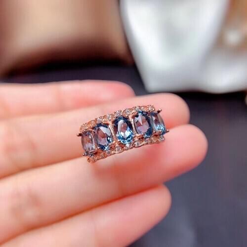Natural London Blue Topaz Stone Row Ring 0.57Ct for Women Weeding Anniversary High purity 4x6mm Fine jewelry High Quality S925