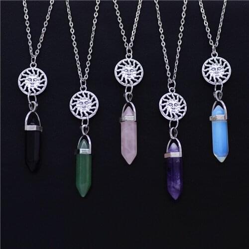New Vintage Sun Charm Connector Natural Stone Amethyst Quartz Rose Crystal Pendant Necklace for Women Men Party Jewelry Gifts