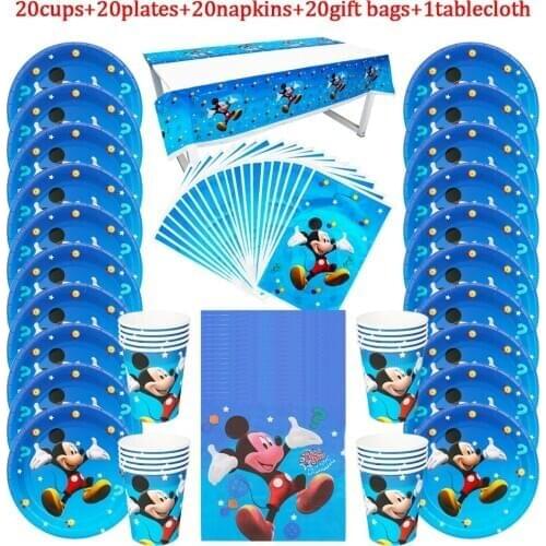 81Pcs Disney Mickey Mouse Theme Disposable Tableware Design Kids Birthday Party Paper Plate+Cup+Napkin+Candy Gift Bags Supplies