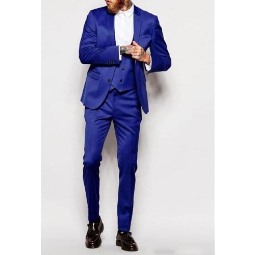 Jacket+Pants+Vest) New Arrival Royal Blue 3 Piece Groom Tuexdos For Wedding Formal Prom Suit Party Evening Blazer Custom Made