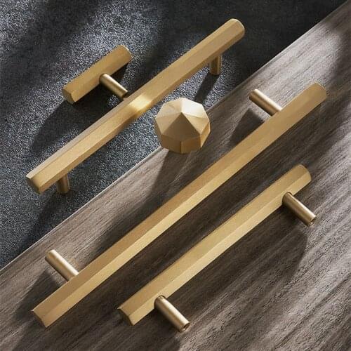 1.8"-15" Gold Solid Brass Hexagon Knob T Bar Cabinet Pull for Kitchen Room Longer Dresser Handle Furniture Hardware