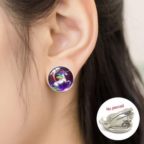 Lucky Horse Pegasus Unicorn Cartoon Style Glass Dome Clip Earrings Handmade Jewelry Rainbow Unicorn Clip Earrings Accessory
