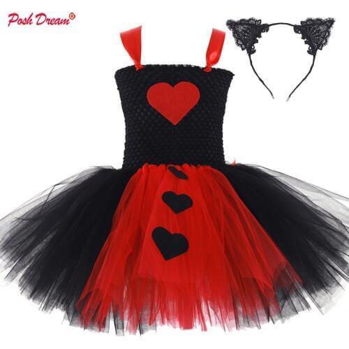 POSH DREAM Heart Princess Kids Girls Costumes For Cosplay Party Clothes Red Black Tulle Handmade Halloween Tutu Dresses