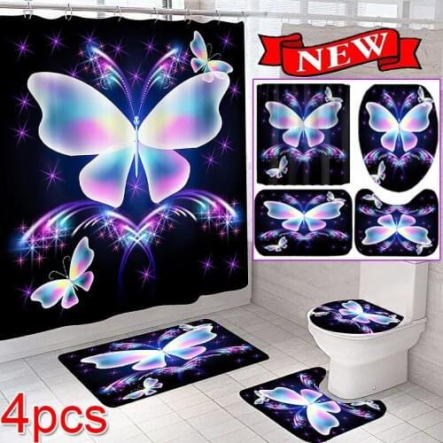 3D Colorful Butterfly Pattern Bathroom Set Shower Curtain Anti-slip Cushion Toilet Cushion U-shaped Cushion, Bathroom Essential
