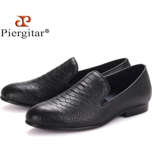 Piergitar fashion shoes using crocodile grain leather, black or navy blue color, handmade Prom and Banquet loafers men flats