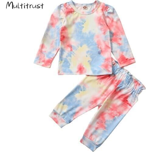 Spring Autumn Girls Clothing Sets Newborn Baby Girls Tie Dye Print Puff Sleeve T-shirts Tops+Pants Tracksuits Clothes 1-4Years