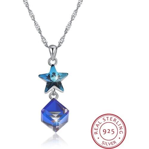 LEKANI Crystals Blue Star Cube Pendants Necklaces Fashion Real S925 Silver Chain Collares For Women Party Wedding