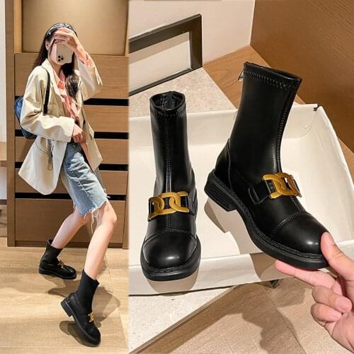 Womens Brand Metal Chains Boots 2021 Winter Soft PU Leather Chelsea Botas Mujer Girls Street Snow Botte Shoes High Boots Woman