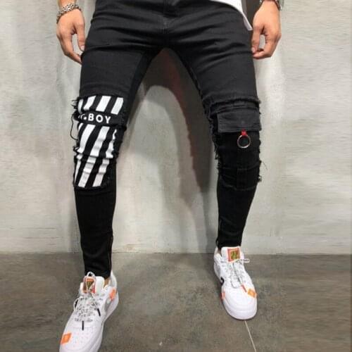 Skinny Striped Jeans Men Denim Hole Wash Vintage Hip Hop Work Trousers Stretch Slim Fit Printed Jeans Black Casual Pencil Pants