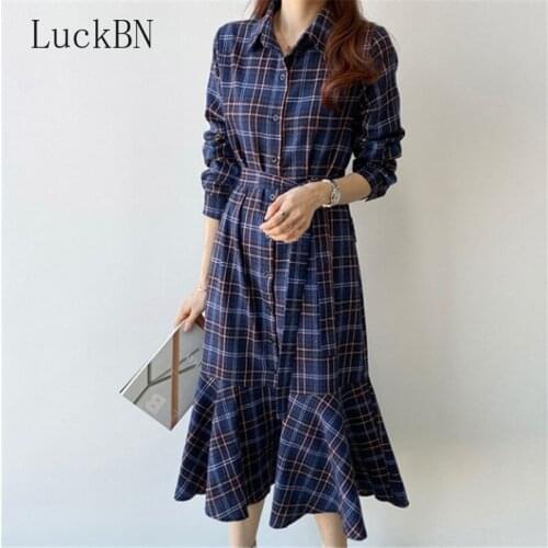 Women Dresses 2021 Autumn Winter New Women Blouse Dress Vestido Retro Clothes Lace-Up Korean Long Sleeve Plaid Fish Tail Dress