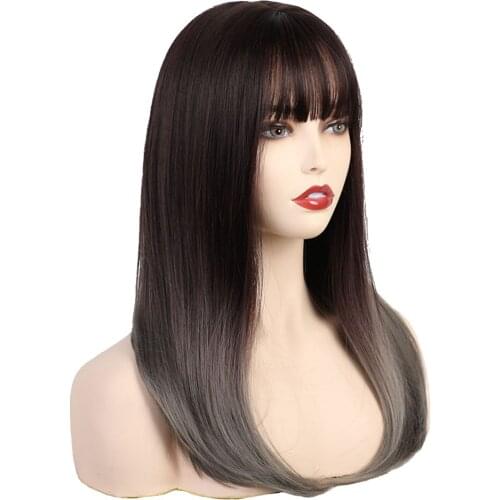Female Dark Brown Straight Shoulder Length Synthetic Full Wigs With Neat Bangs