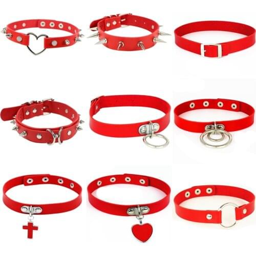 Round Cross Red PU Leather Women Collar Sexy Aesthetic Spiked Pendant Choker Necklaces Clavicle Men Necklace Cosplay Jewelry