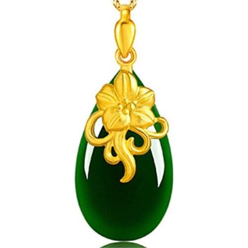 Vintage Flowers Carving Green Jade Emerald Gemstones Pendant Necklaces for Women 18k Gold Color Jewelry Bijoux Birthday Gifts