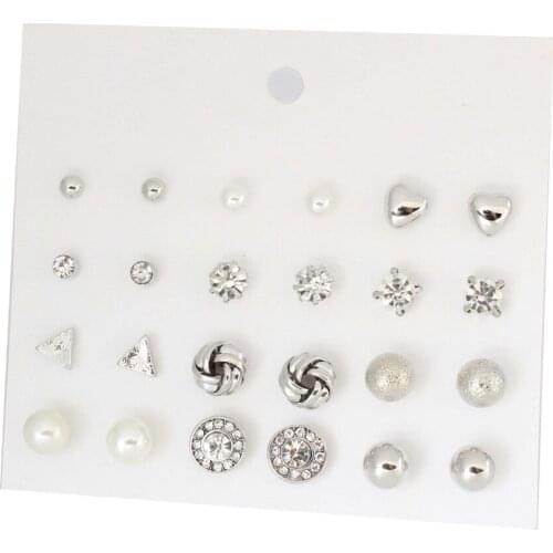 12 Pairs/Set Super Value Exquisite Design Simple Fashion OL Temperament Pearl Heart Triangle Charm Stud Earring Set Women