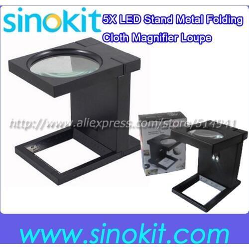2pcs per lot 5x Stand Metal Folding Cloth Magnifier Loupe with Scale and Two LED Lights Detecting Cloth Loupe MG14117