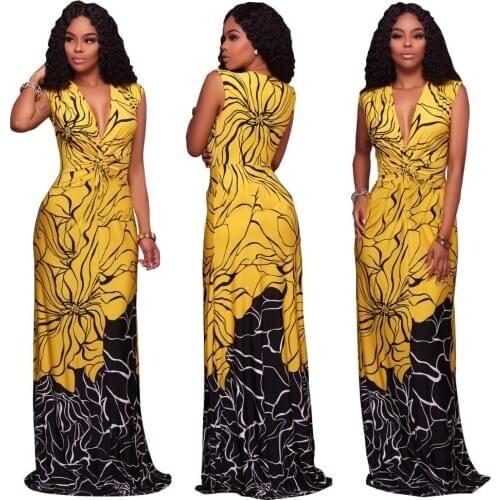 2020 Summer Clothes African Dresses for Women Yellow Floral Print Dashiki Bazin Ladies Clothes Sexy Africaine Bohemia Dress