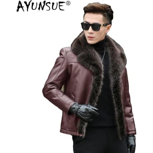 AYUNSUE Men Autumn Winter Racoon Fur Collar Second Layer of Sheepskin Coat for Men Wool Fur Liner Jacket HD5188 KJ1121