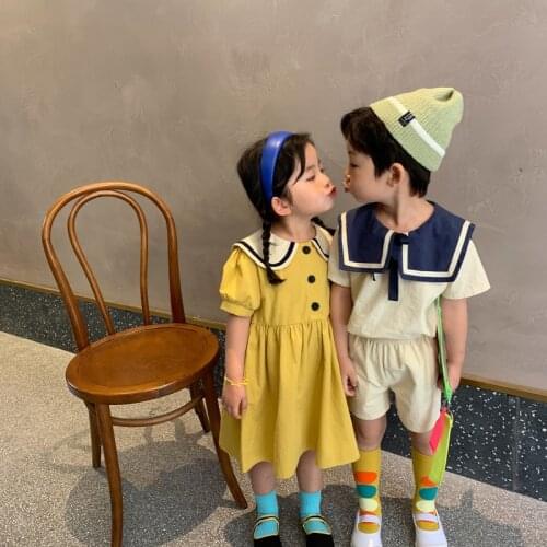 Children Suit 2021 Summer Boys and Girls Solid Color Korean Preppy Style Suit Cotton Hemp Lapel Dress Brother and Sister Suit