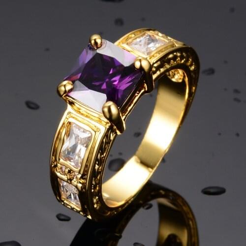 Elegant Female Purple Square Crystal Ring Yellow Gold Color Wedding Rings For Women Promise Love Engagement Ring