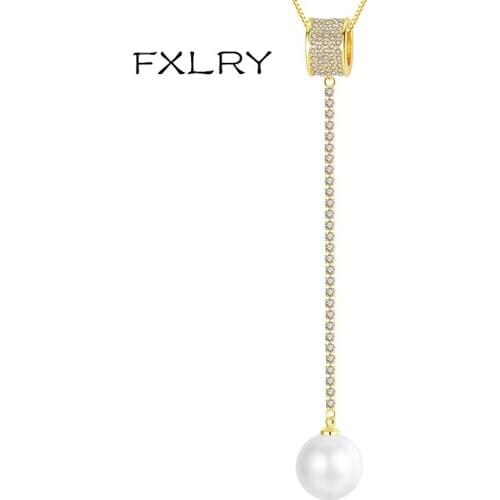 FXLRY new design white /Gold color AAA Zircon Long sweater chain pearl pendant necklace For Women Bridal Wedding Party Jewelry