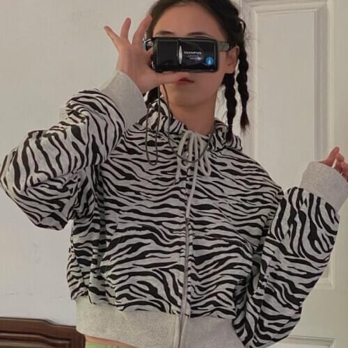 Oversized Hoodie Women Crop Top Zip Up Hoodie Korean Style Women Clothing Vintage Zebra Print Sweatshirt Puff Sleeve Lady Casual