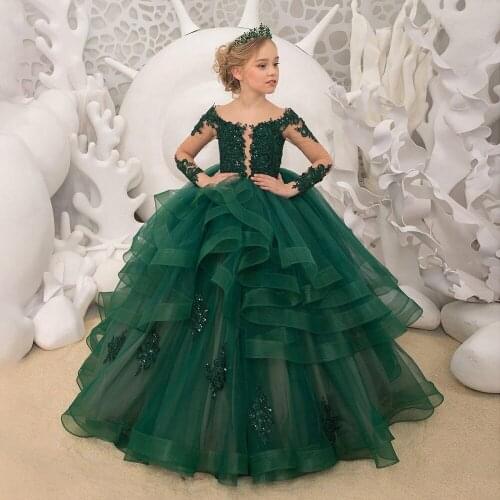 Custom Made Cheap Green A Line Lace Top Tulle Long Sleeves Junior Girls New Year Dress Wedding Bridal Long Flower Girl Dresses