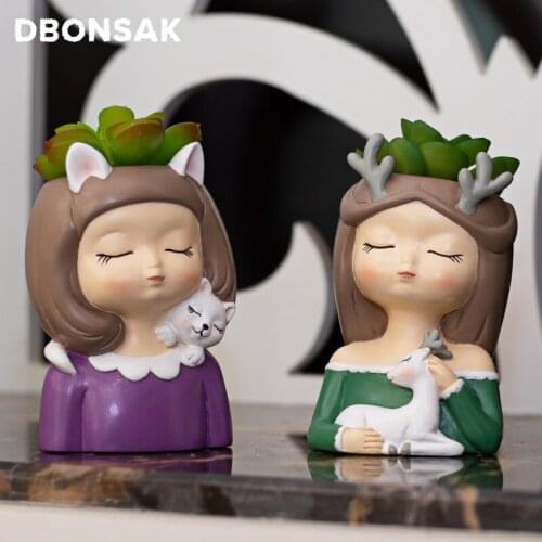 Cute Girl Flower Pot Resin Succulent Cat Giraffe Vase Face Statue Planter Indoor Outdoor Flower Arrangement Desktop Ornaments