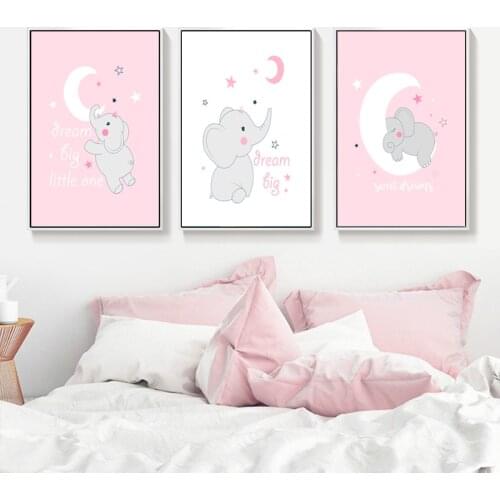 Moon And Baby Elephant Poster Lovely Modern White Pink Art Wall Paintings Poster And Print Nordic Pictures Kinds Room Decor