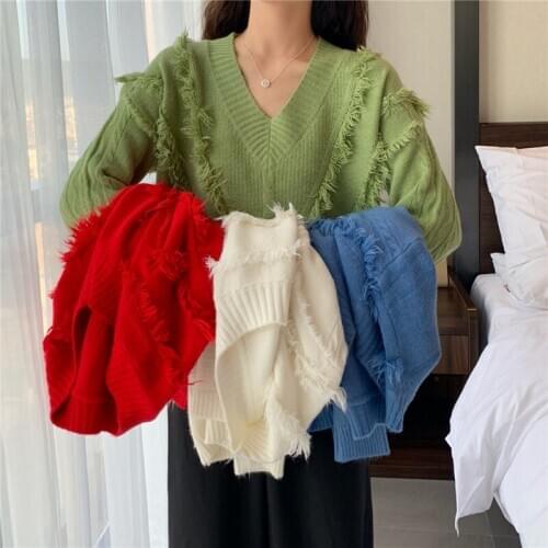 New Spring Autumn Elegant v-neck knitd Sweater women Vintage loose pullovers tassel Sweaters Long Sleeve knitted sweaters Mw956