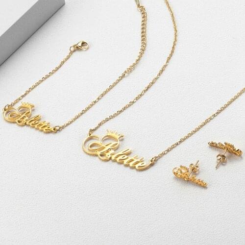 Custom Name Necklaces For Women Gold Stainless Steel Charms Bracelet Personalized Name Earring Wedding Jewelry Set Gifts 3PCS