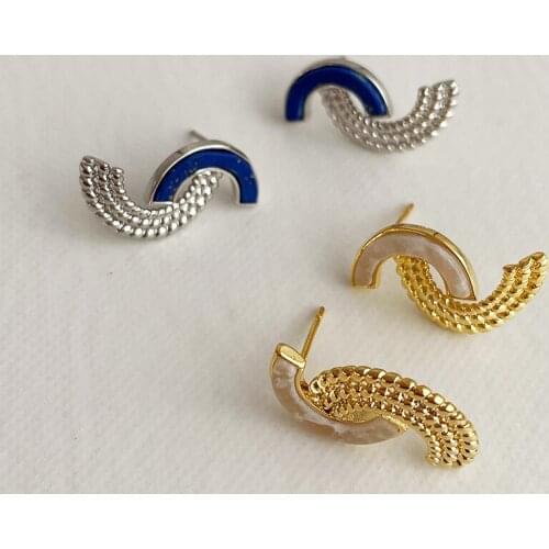 SRCOI Minimalist Blue Geometic Semicircle Stone Stud Earrings Temperament Unique Simple Earrings Accessories Friend Jewelry Gift